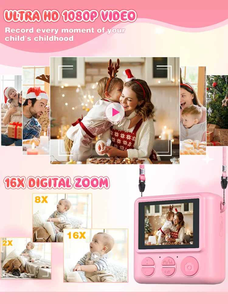 Appareil photo numérique à impression instantanée pour enfants, 12MP, 1080P, vidéo HD, photo imprimée, jouet portable, tout-petit, fille de 3 ans et plus, cadeau de Noël