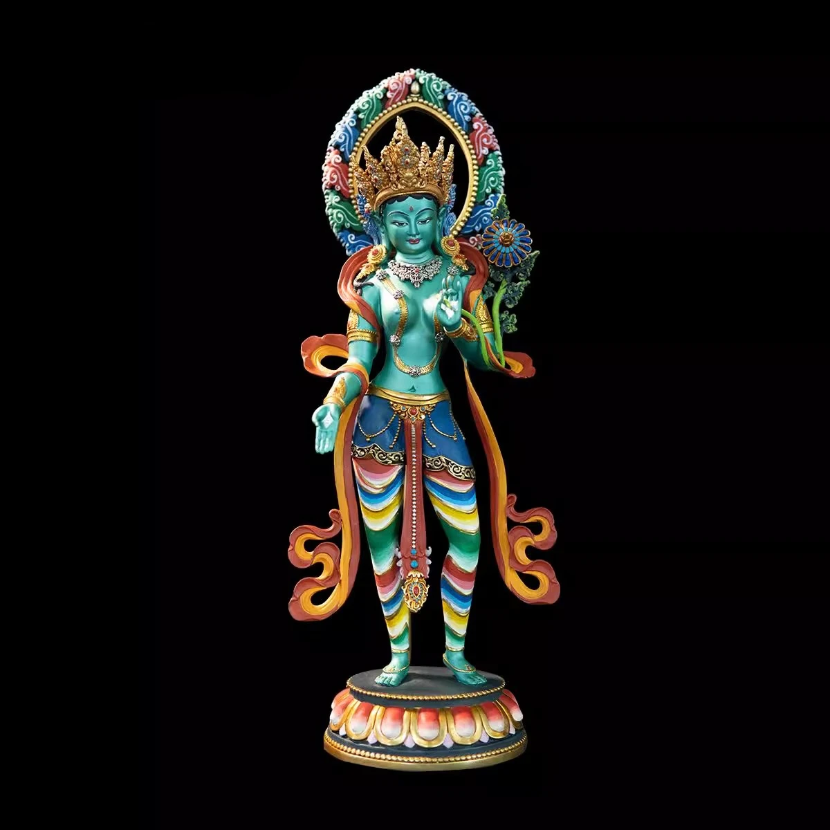 Nepal Tibet Craft Handmade Pure Copper Green Tara Statue Tibetan Buddhist Tantric Painted Standing Figure