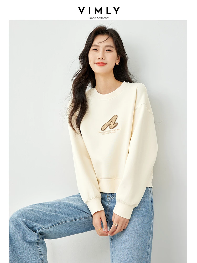 Vimly Letter Embroidery Short Women\'s Sweatshirt  2024 Apricot O-neck Spring Pullovers Long Sleeve Top Female Clothing M5710