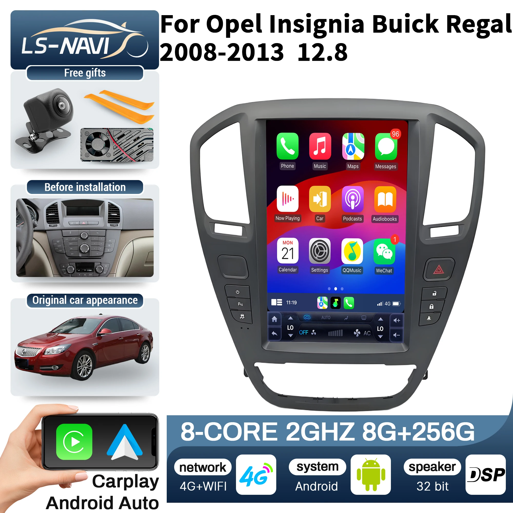 12.8 Inch Car Radio for Opel Insignia Buick Regal 2008-2013 Android 14 4G GPS Wireless Bluetooth CarPlay Touch Screen Head Unit