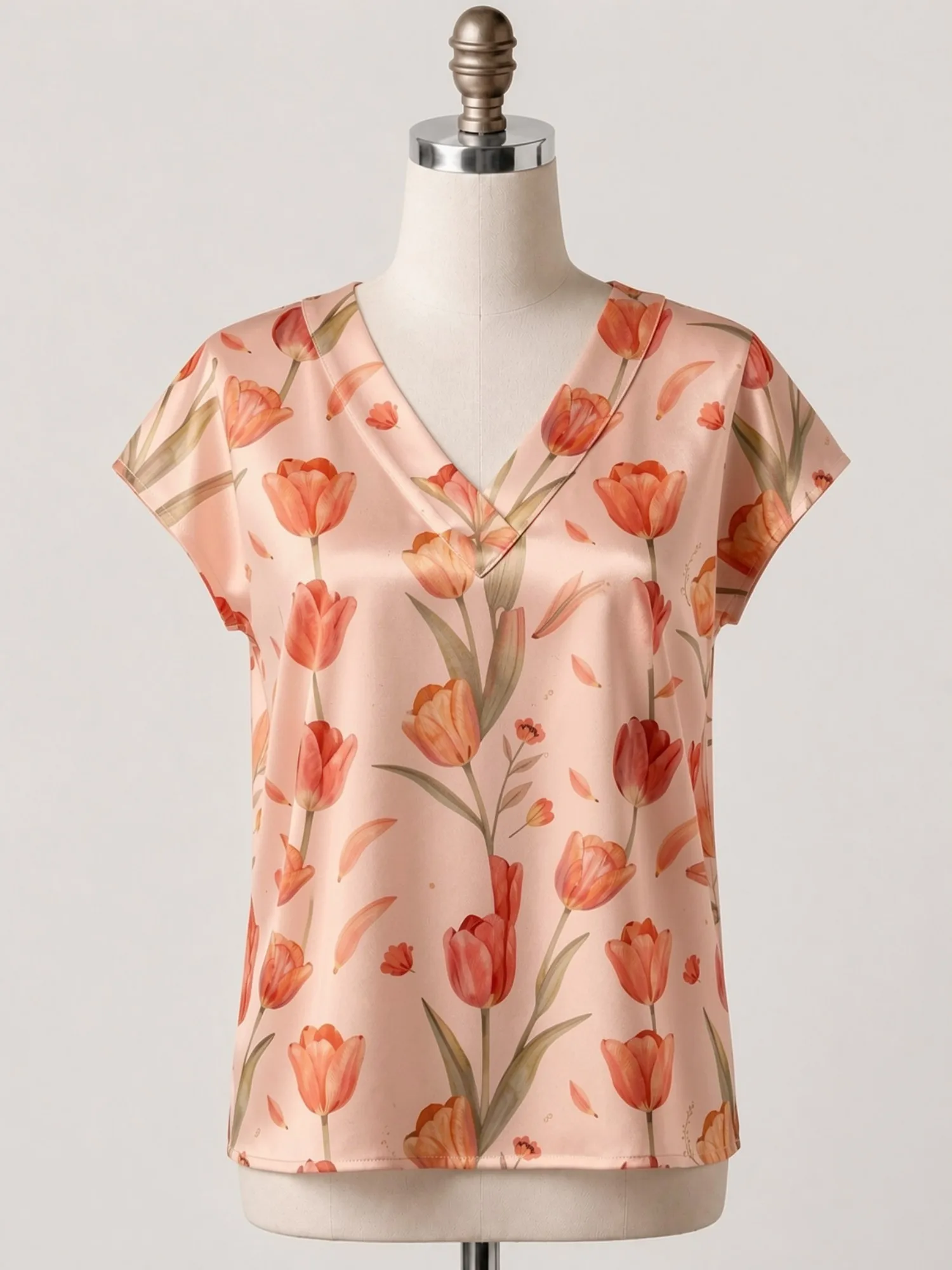 Floral Satin V Neck Top for Women Cap Sleeve Relaxed Draped Fit Silky Casual Holiday Streetwear Lightweight Breathable Versatile