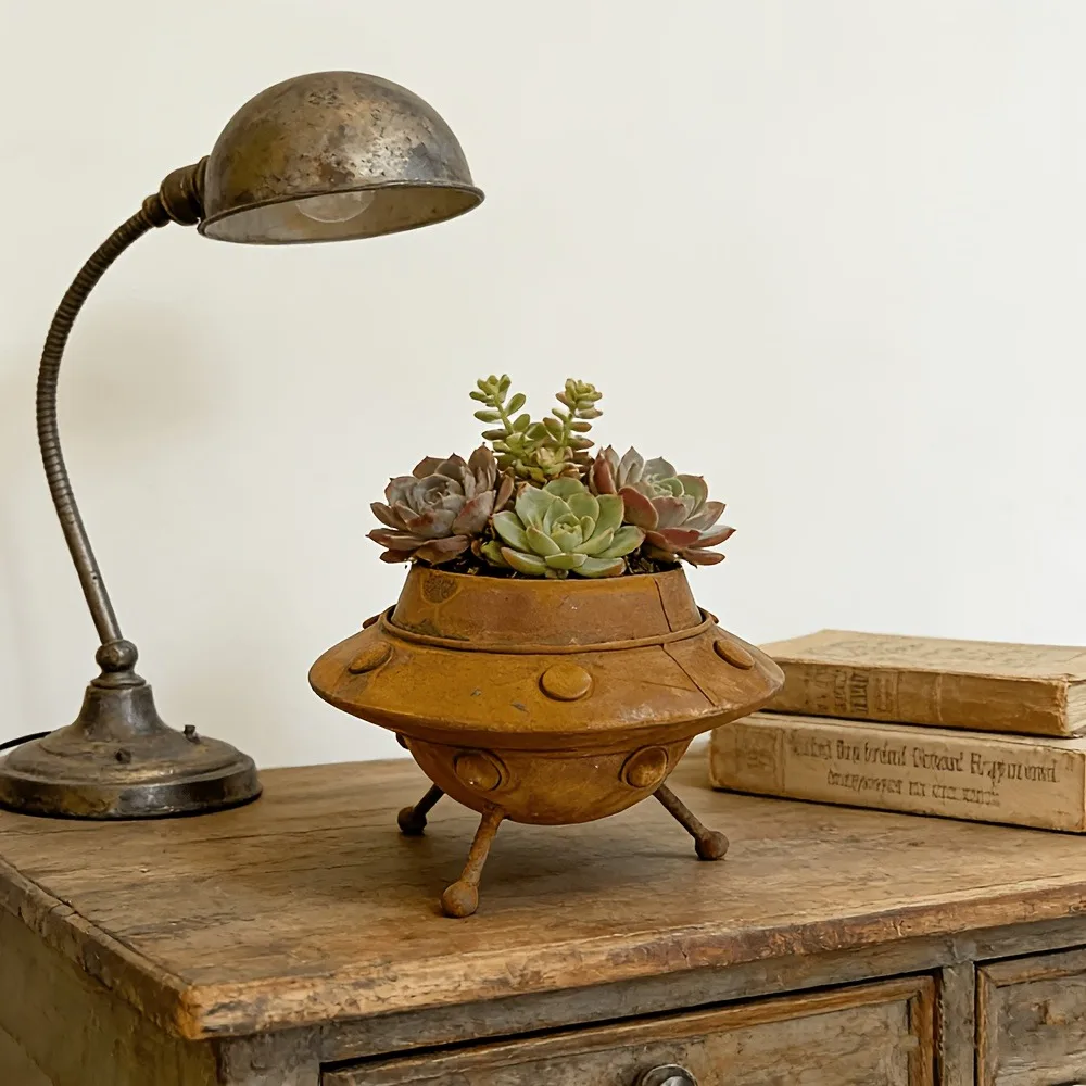 Retro Metal UFO Flower Pot with Retro Rusting Effect Succulent Plant Pot Alien Spaceship Flower Bowl Suitable Home Decoration