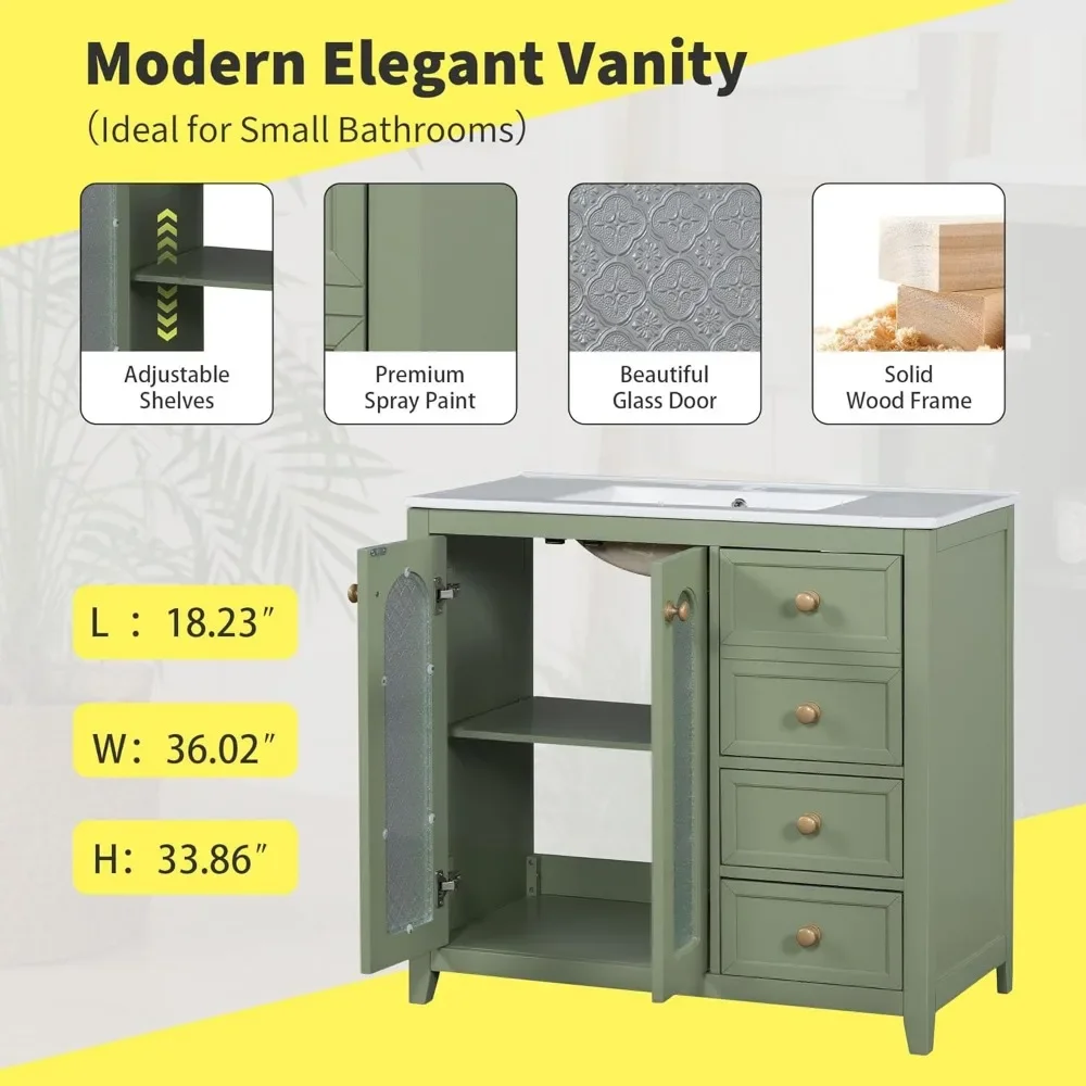 Armoire de rangement autoportante avec 3 portes en verre, vanité verte avec évier et chlore, 36 po