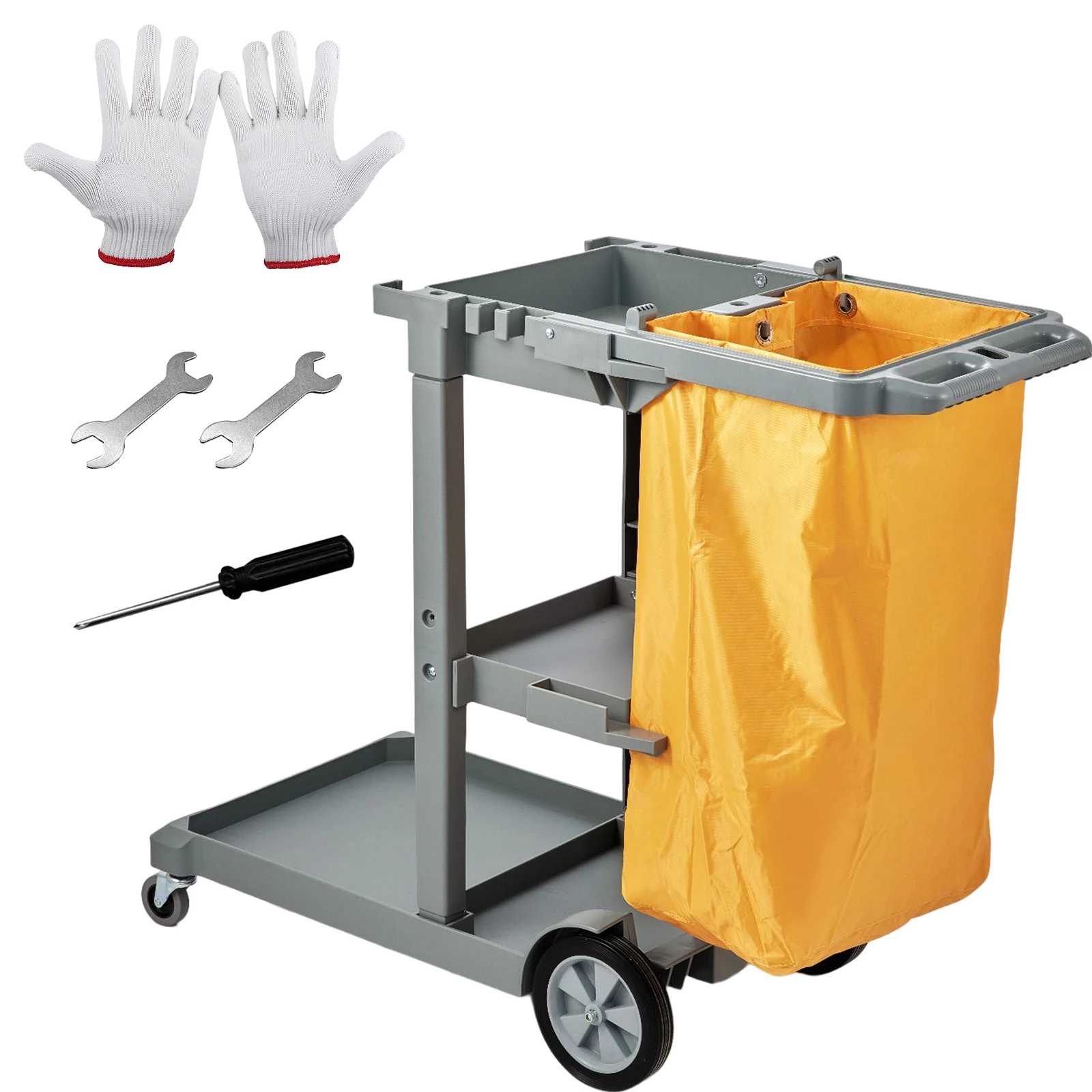 VEVOR Cleaning Cart 3-Shelf Commercial Janitorial Cart 200lbs Capacity with 25 Gallon PVC Bag for Office Hotel Airport Apartment