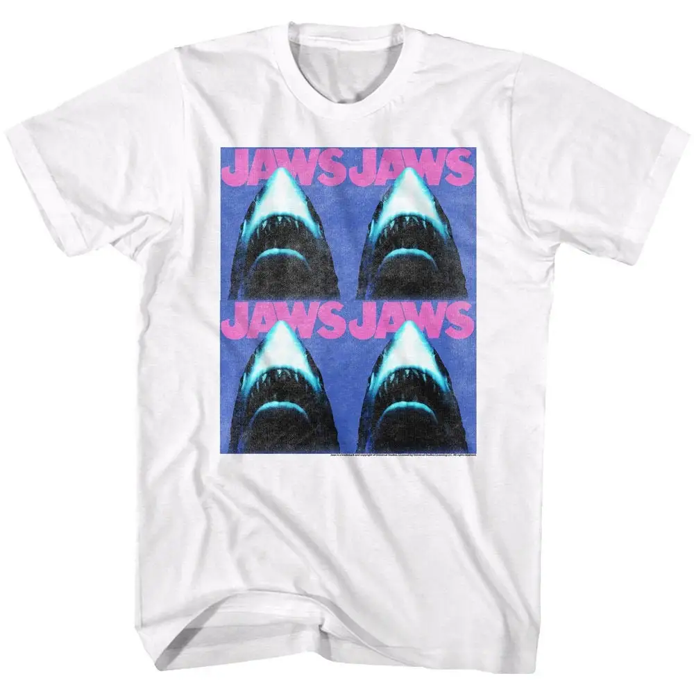 Jaws Purple Text Four Picture Logo White T Shirt