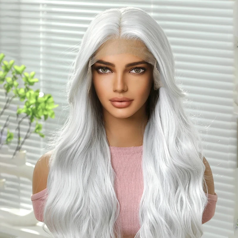 Wig sintetis warna putih bergelombang 13*4 renda depan, Wig Cosplay pesta harian dengan poni samping untuk wanita penggunaan alami lembut