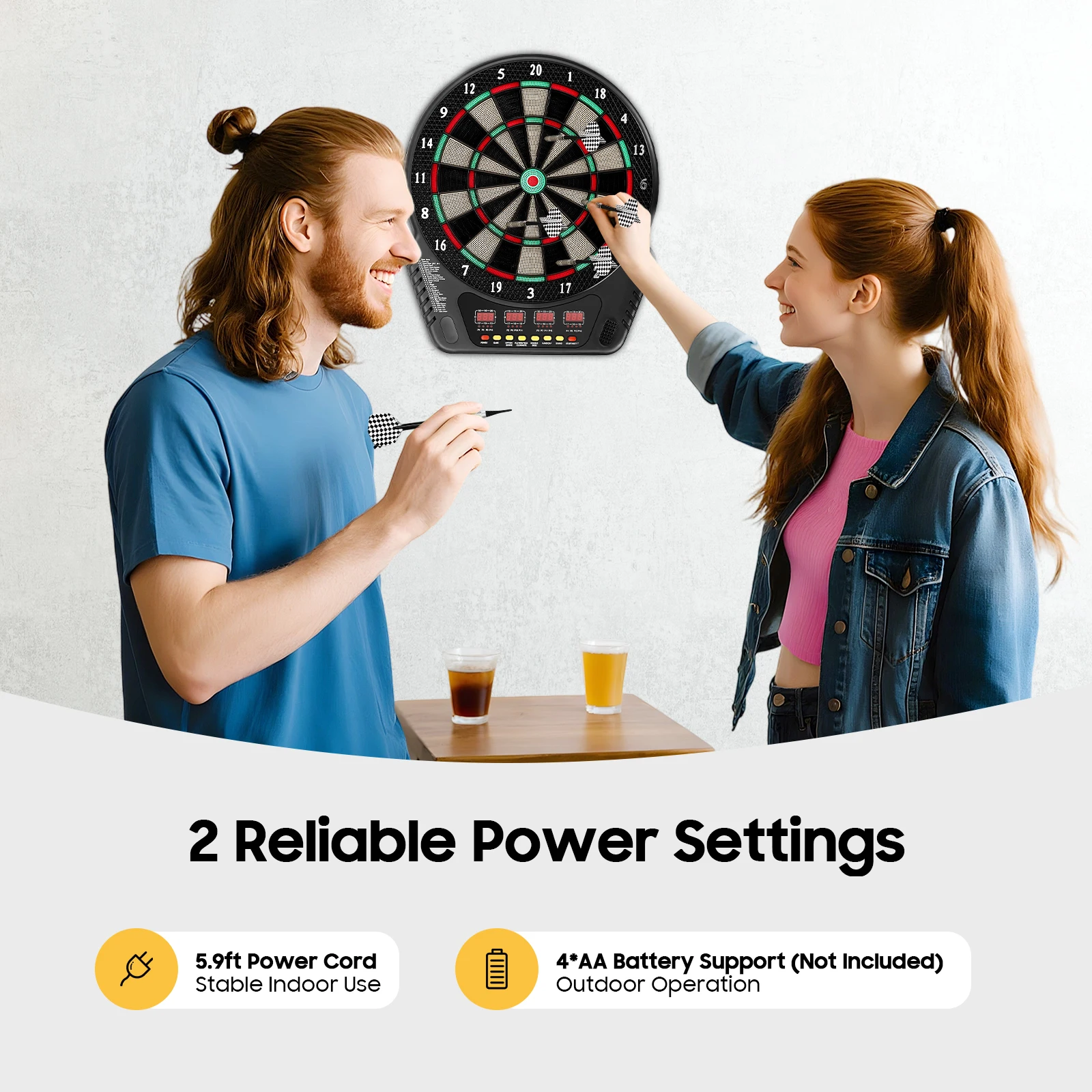 

Electronic Dart Board 27 Games 243 Modes LED Voice Control 16 Players Soft-Tipped Darts Safety Mesh Wall Mount Battery