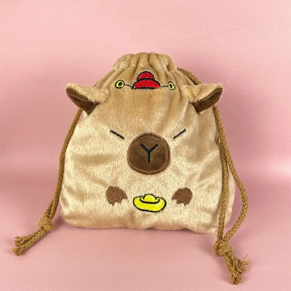 Animal Capybara Plush Bundle Pocket Stuffed Cute Capybara Drawstring Bag Large Capacity Stationery Bag Cartoon Storage Bag Girl