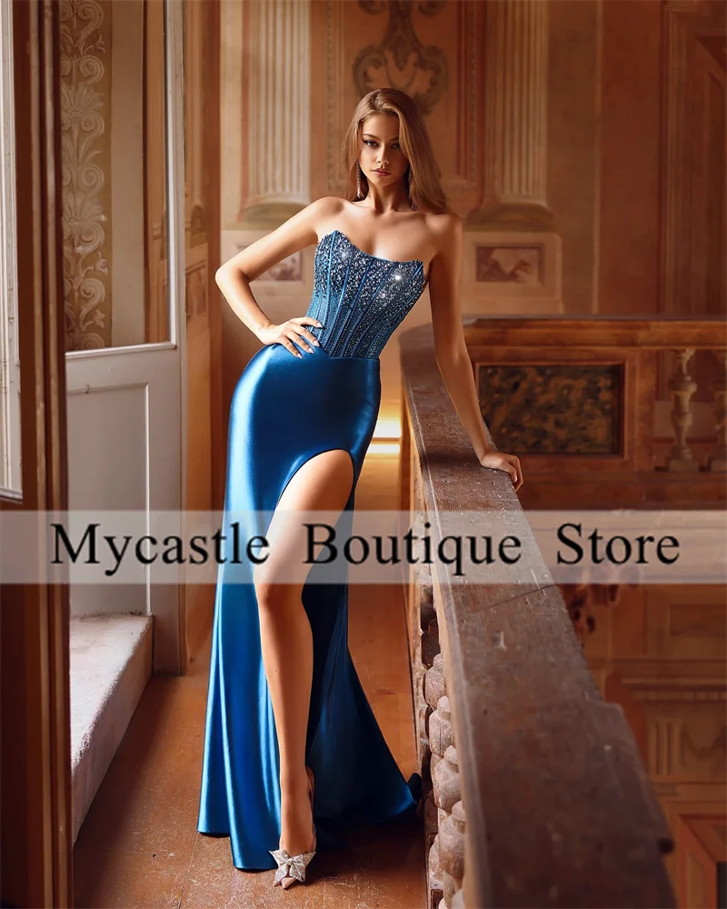 

New Arrivals Royal Blue Satin Prom Dresses 2025 For Women Beaded Mermaid Side Slit Evening Dresses Customized Vestido De Gala