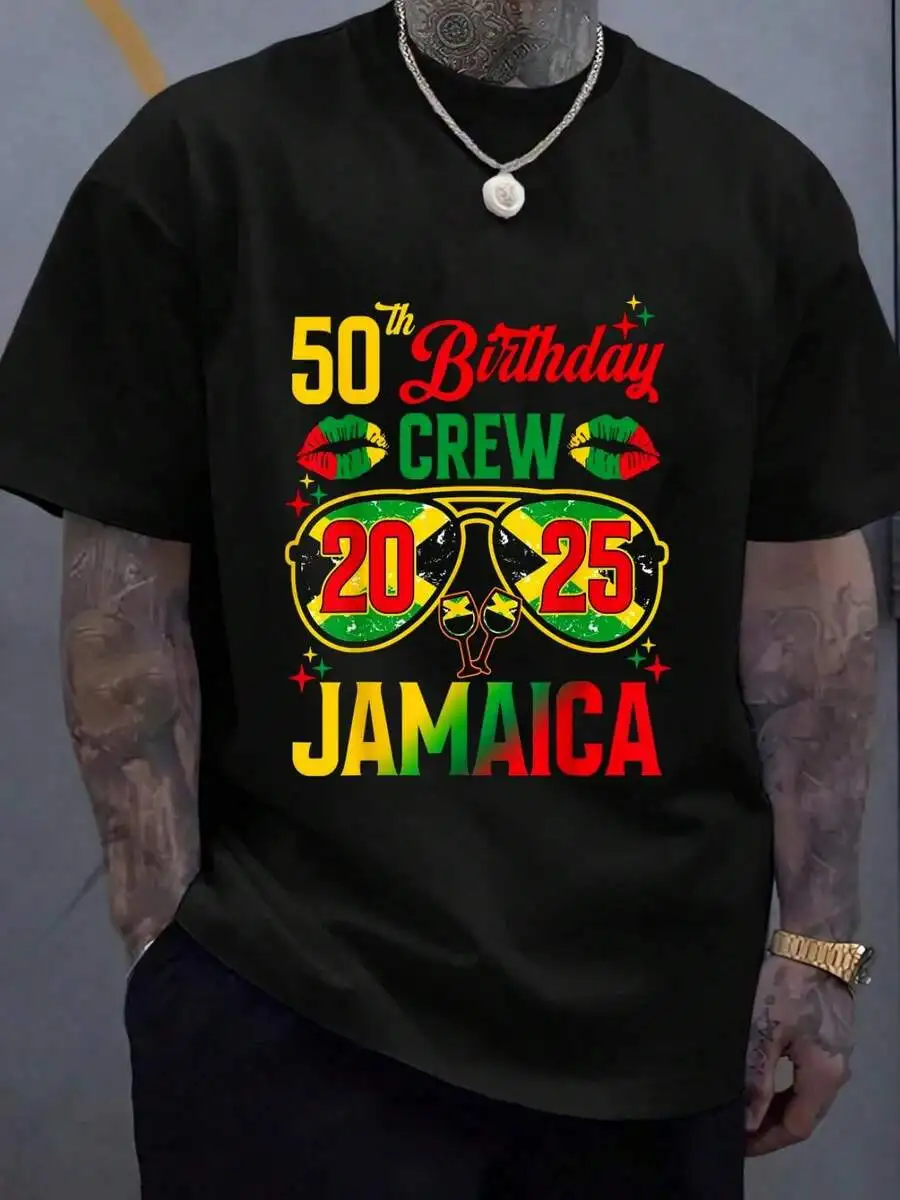 100% Cotton 50th Birthday Crew Jamaica Vacation Party 2025 Birthday Trip T-Shirt Men's Graphic Tee Causal Tops Fashion Tshirt Sh