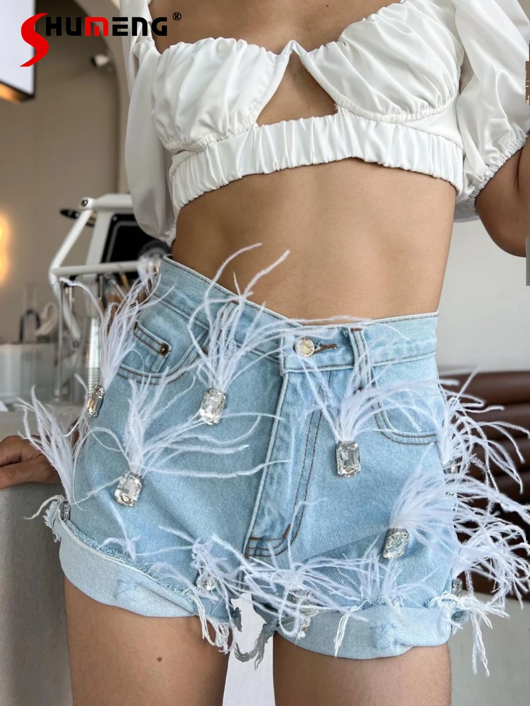 

Rhinestone Ostrich Feather High-End Fashion Denim Short Pants Beaded High Waist Denim Shorts Hot Pants Women's Wide Leg Jeans