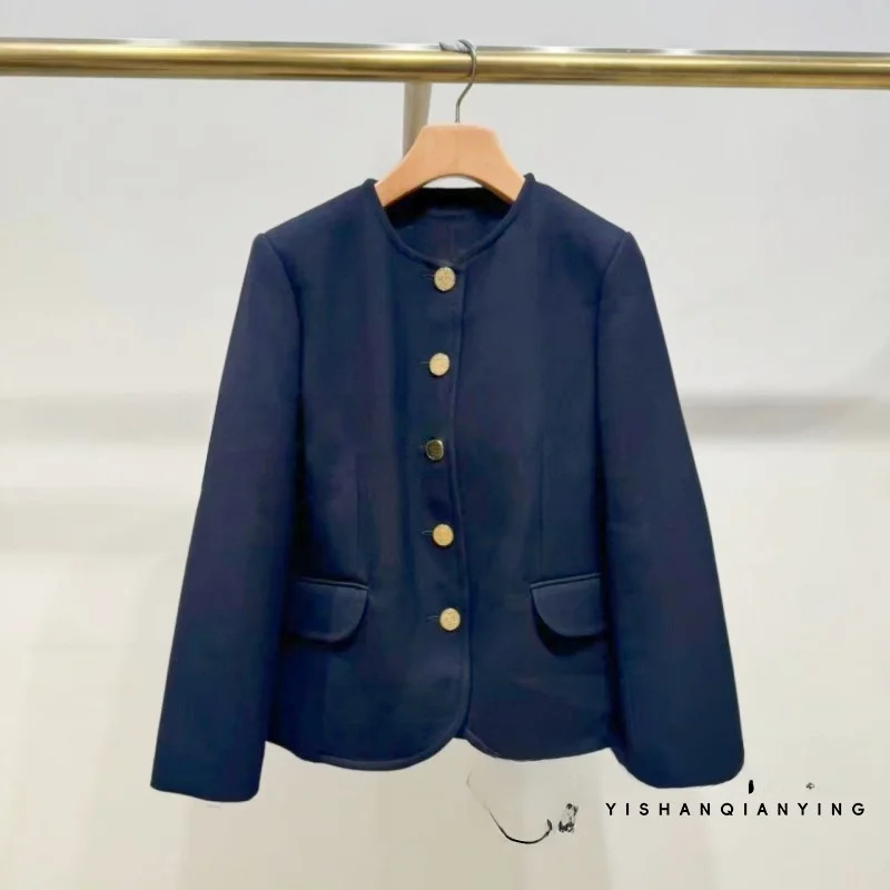 

Ele Retro Sle Women's round Ne Jaet Single Button High Faion Versatile Autumn Winter New Arrival French Sle Str...