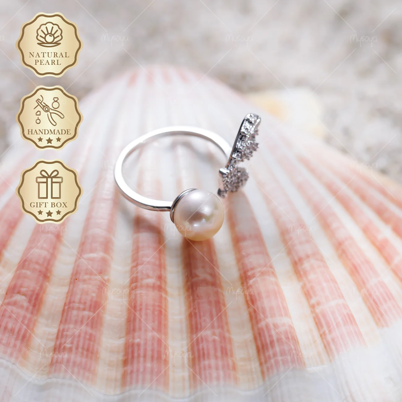 

MYSOYA 8-9mm White Freshwater Pearl Open Ring Silver Butterfly Wing Ring, Gift Box, Elegant Jewelry S481