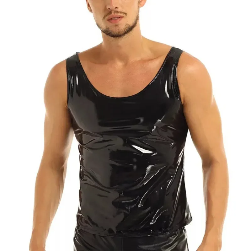 Plus Size Mens Shiny PVC Leather Vests Casual Nightclub Latex O-neck Tank Tops Glossy Male Wetlook Man Slim Sleeveless T-shirts