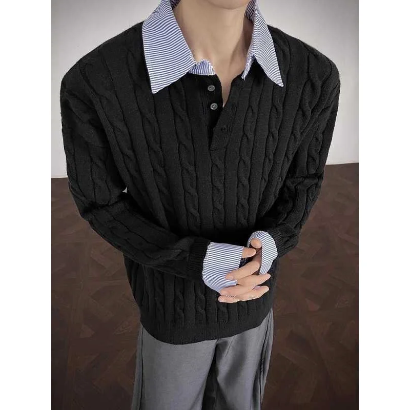 

Men's Long Sve Knitted Sweater Autumn Winter Twist Stripe Patchwork High-End Feeling CleanFit Old Money Sle Knitwear