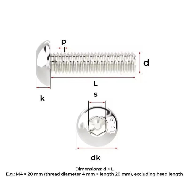 M1.6 ~ M10 Grade 12.9 Nickel Plated Carbon Steel Round Head Hexagon Socket Mushroom Head Screw Length 3~50 mm