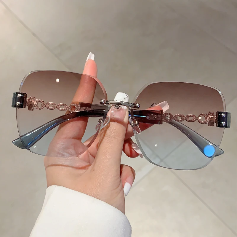 KAMMPT Gradient Tea Trendy Women Sunglasses Oversize Rimless Retro Shades for Decoration Driving UV Protection Sun Glasses