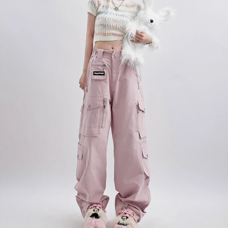 Women\'s Pink Cargo Pants Vintage Harajuku Y2k Aesthetic Loose Parachute Pants Oversize High Waist Baggy Trousers 2000s Clothes