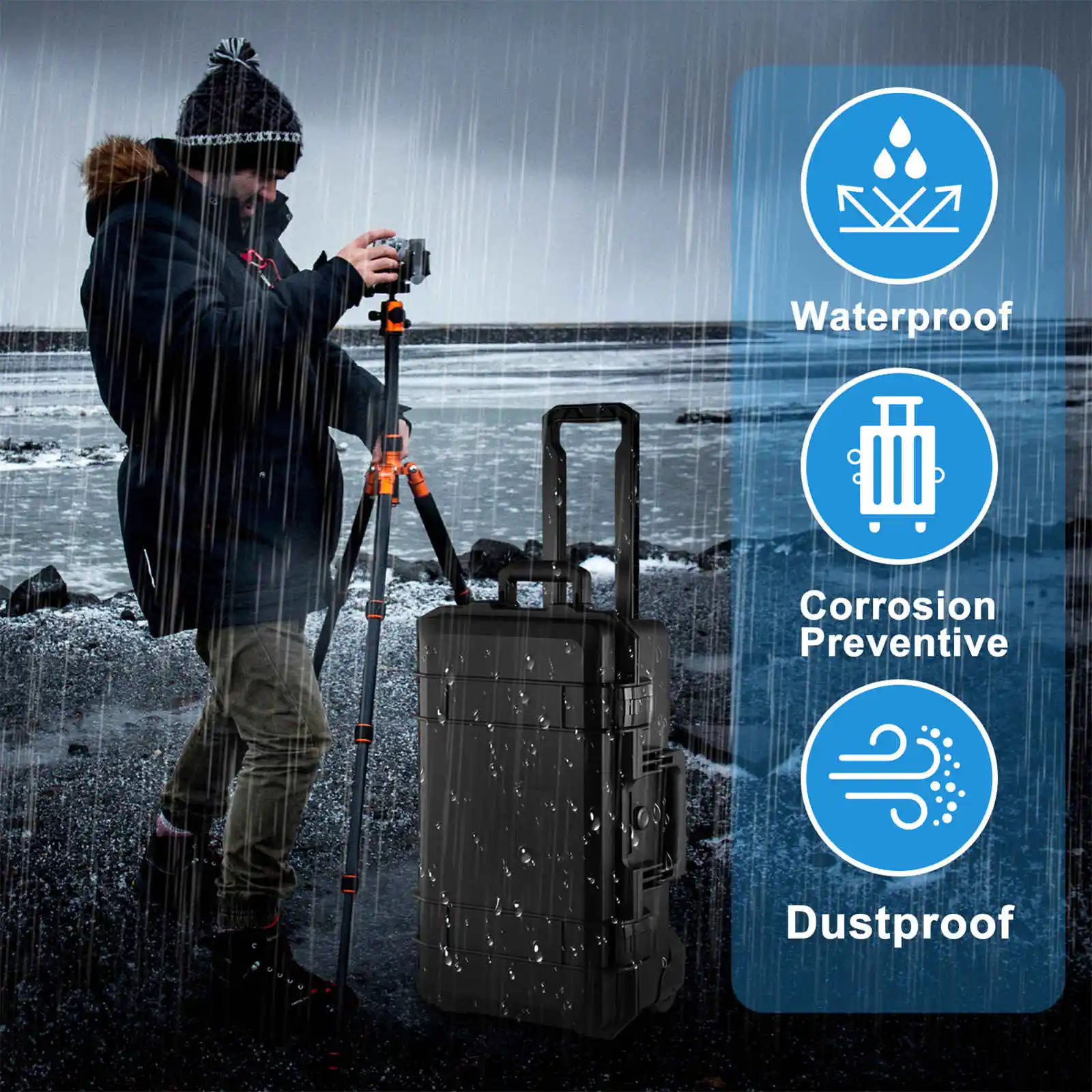 حقيبة كاميرا دوارة، عربة كاميرا دوارة محمولة، حقيبة أمتعة لأدوات المعدات ذات الغلاف الصلب للطائرة بدون طيار، الكاميرا، حامل ثلاثي القوائم، الضوء، العدسات