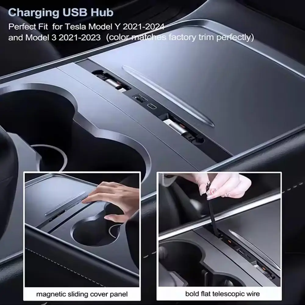 

for Tesla 2025 Y Center Console USB Hub & Cigarette Accessory Expansion Lighter Dock Charger Multi-Port N4Z5