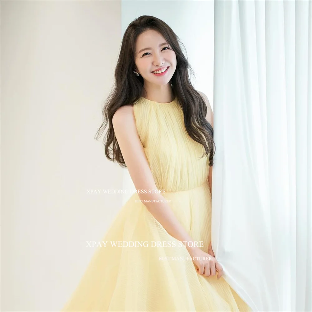 XPAY Fairy Tulle O Neck Yellow Korea Wedding Dresses A Line Sleeveless Backless Bridal Gown Customised Custom Size Bride Dress