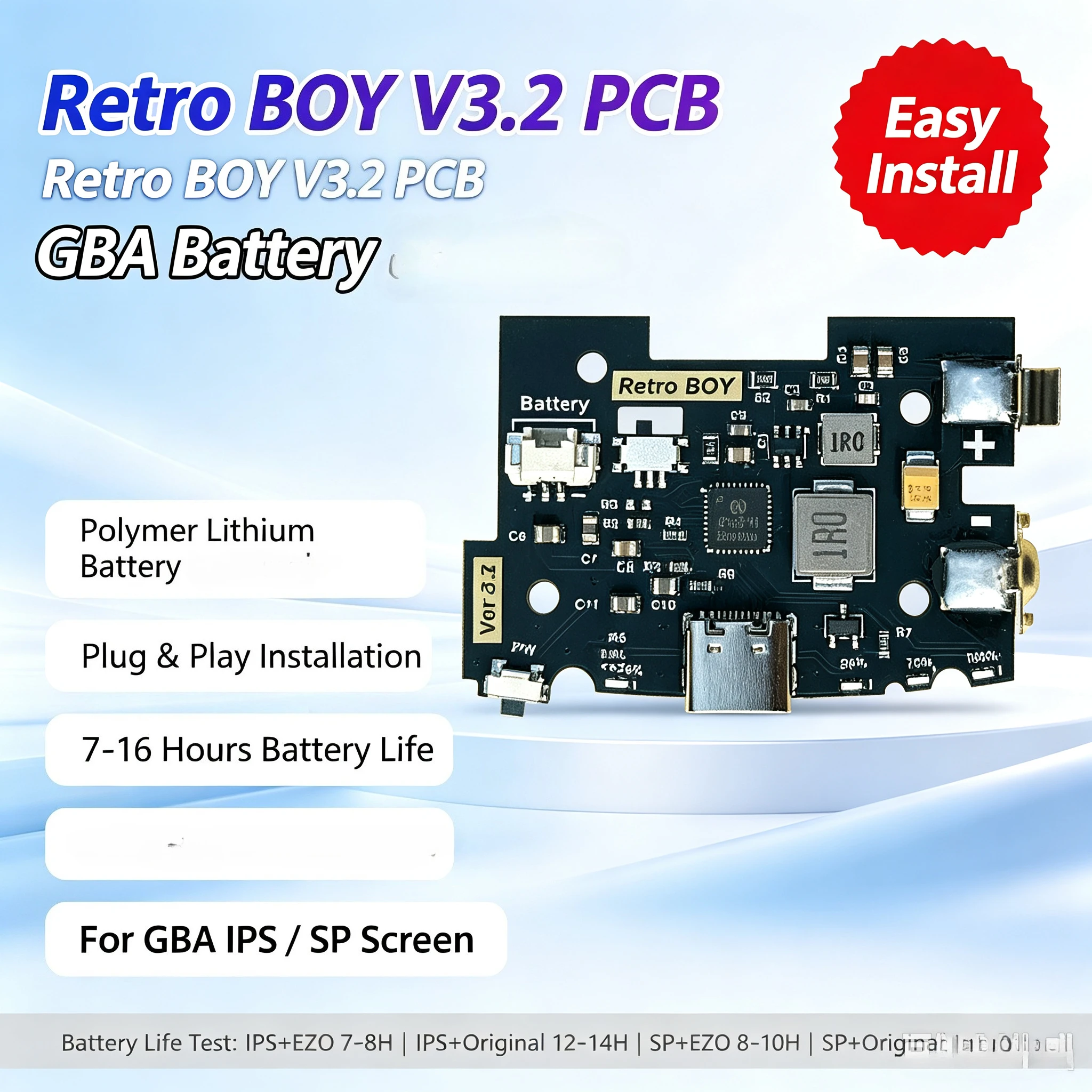 Retro BOY V3.1 Lithium Battery Mod Kit For GBA Game Boy Advance 5 Levels Power Indicator IPS Highlight Mod