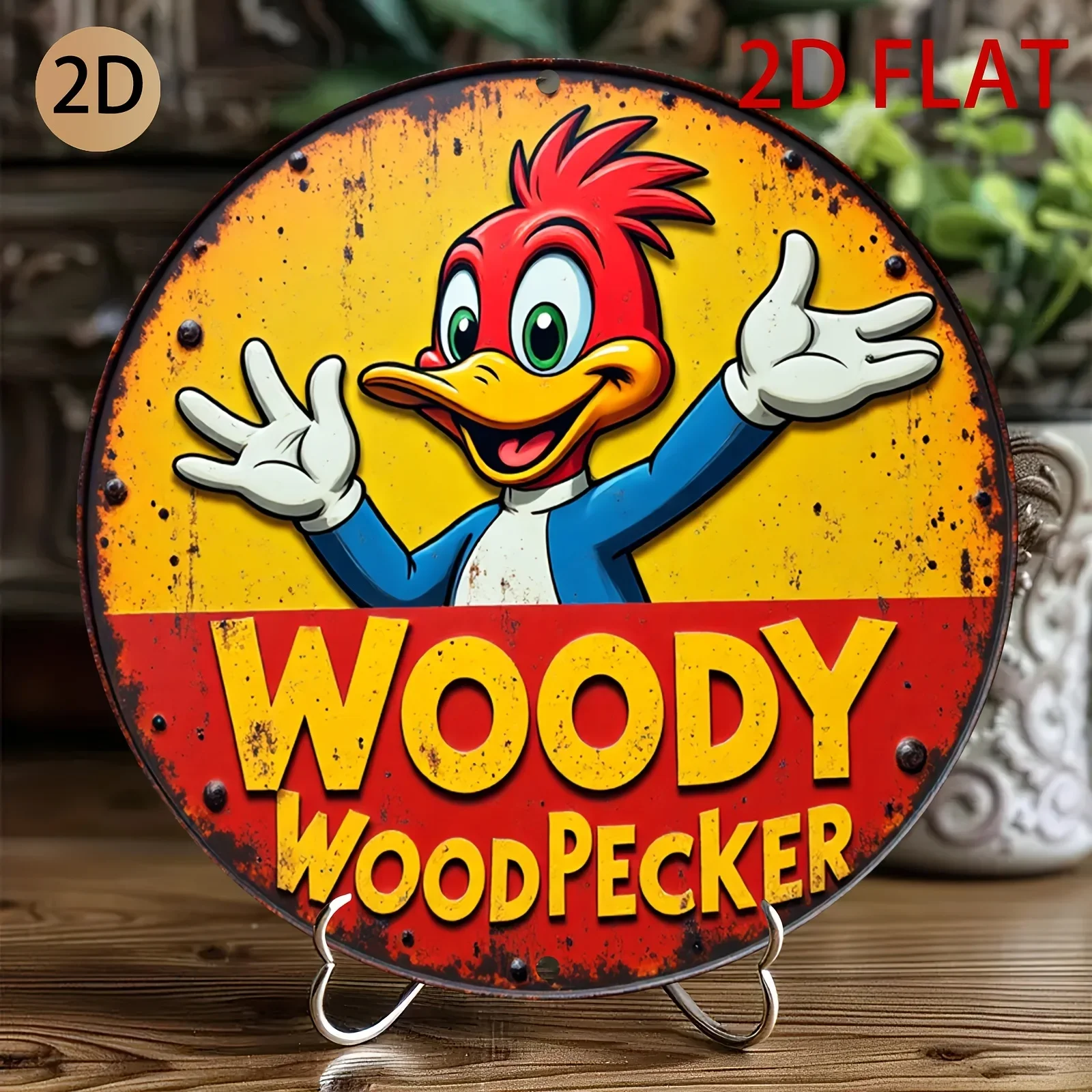 W-Woody Woodpecker Round Metal Tin Sign Vintage Classic Cartoon 2D Flat Wall Art Plaque Decor for Home Bar Garden