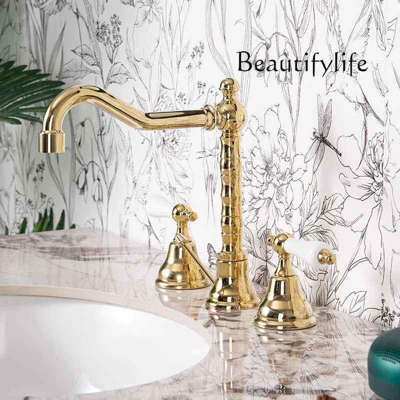 

Смеситель для умывальника во французском стиле ретро с выдвижной водой, медь для смешанной горячей и холодной воды с тремя отверстиями