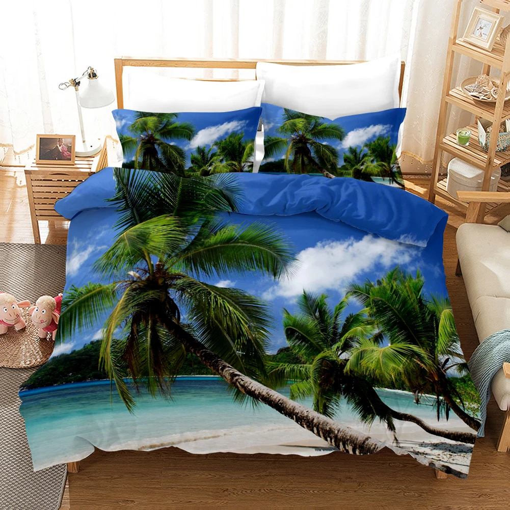 

Beach Duvet Cover Set Summer Beach Decor Hawaiian Vacation Style Bedding Set Polyester Palm Tree Tropical Nature Sea Quilt Cover