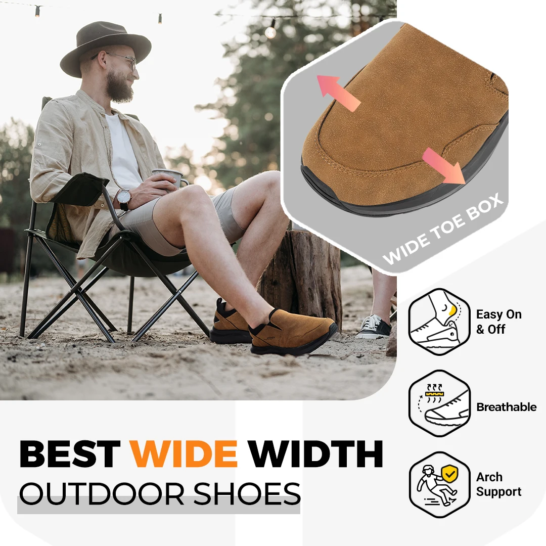 FitVille-zapatos de senderismo anchos para hombre, mocasines cómodos sin cordones para caminar y Trekking, zapatillas con soporte para el arco