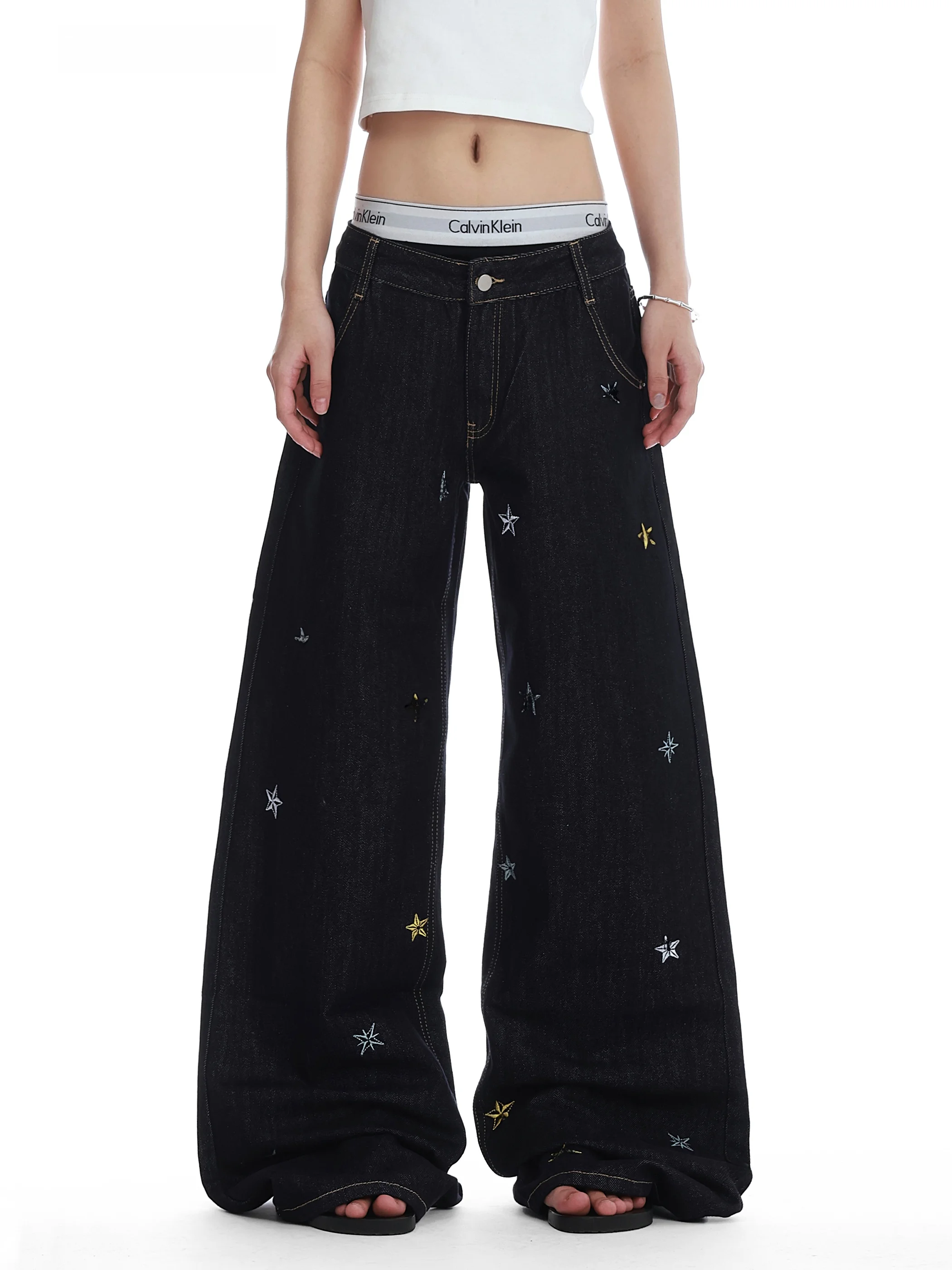 

Американские винтажные джинсы с вышивкой в виде звезд, широкие штанины, женские, свободного кроя, облегающие, расклешенные, повседневные, на все сезоны