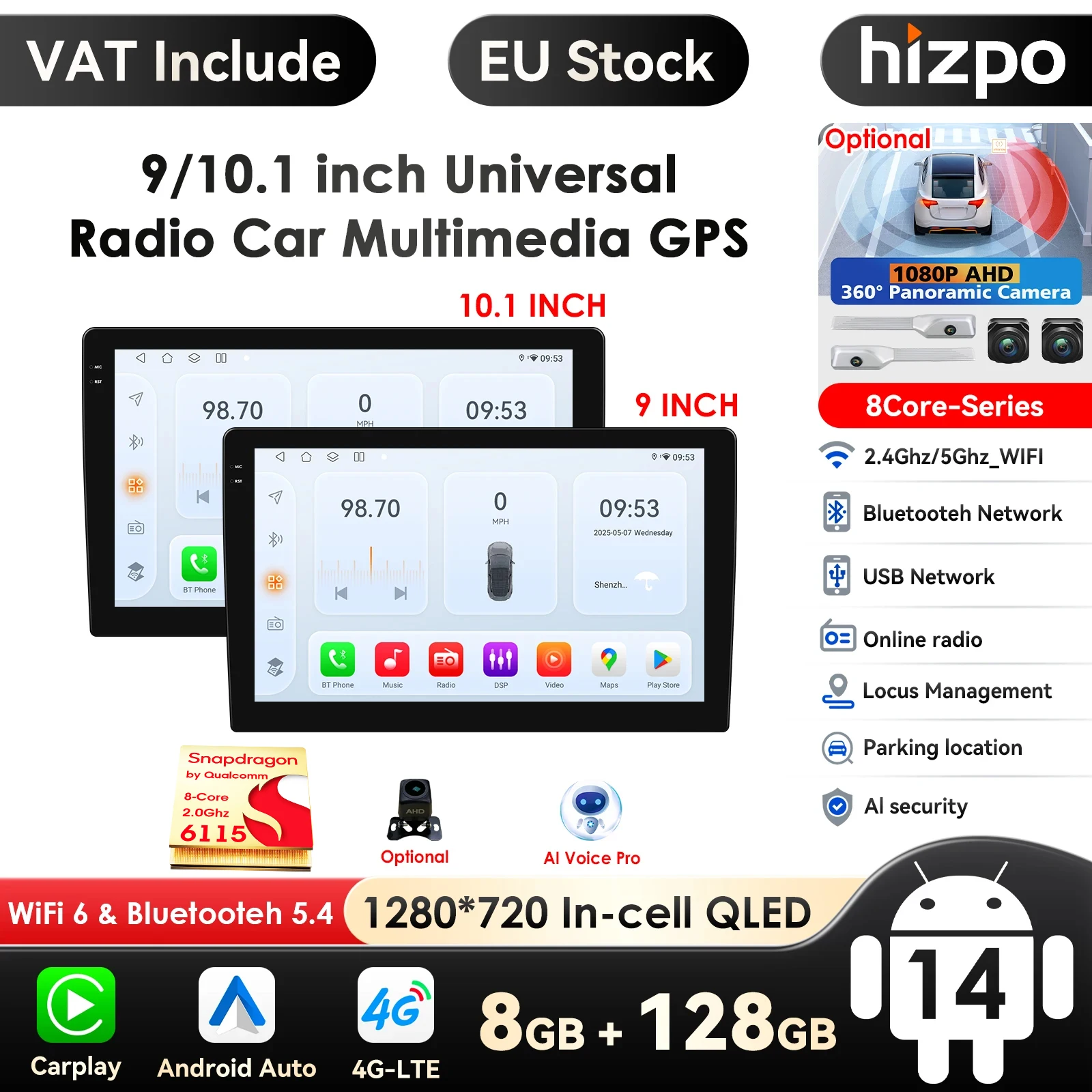 HIZPO Qualcomm Autoradio Carplay Android Auto Stereo Lettore multimediale Universale 5GWIFI GPS Autoradio AI Auto Sistemi intelligenti
