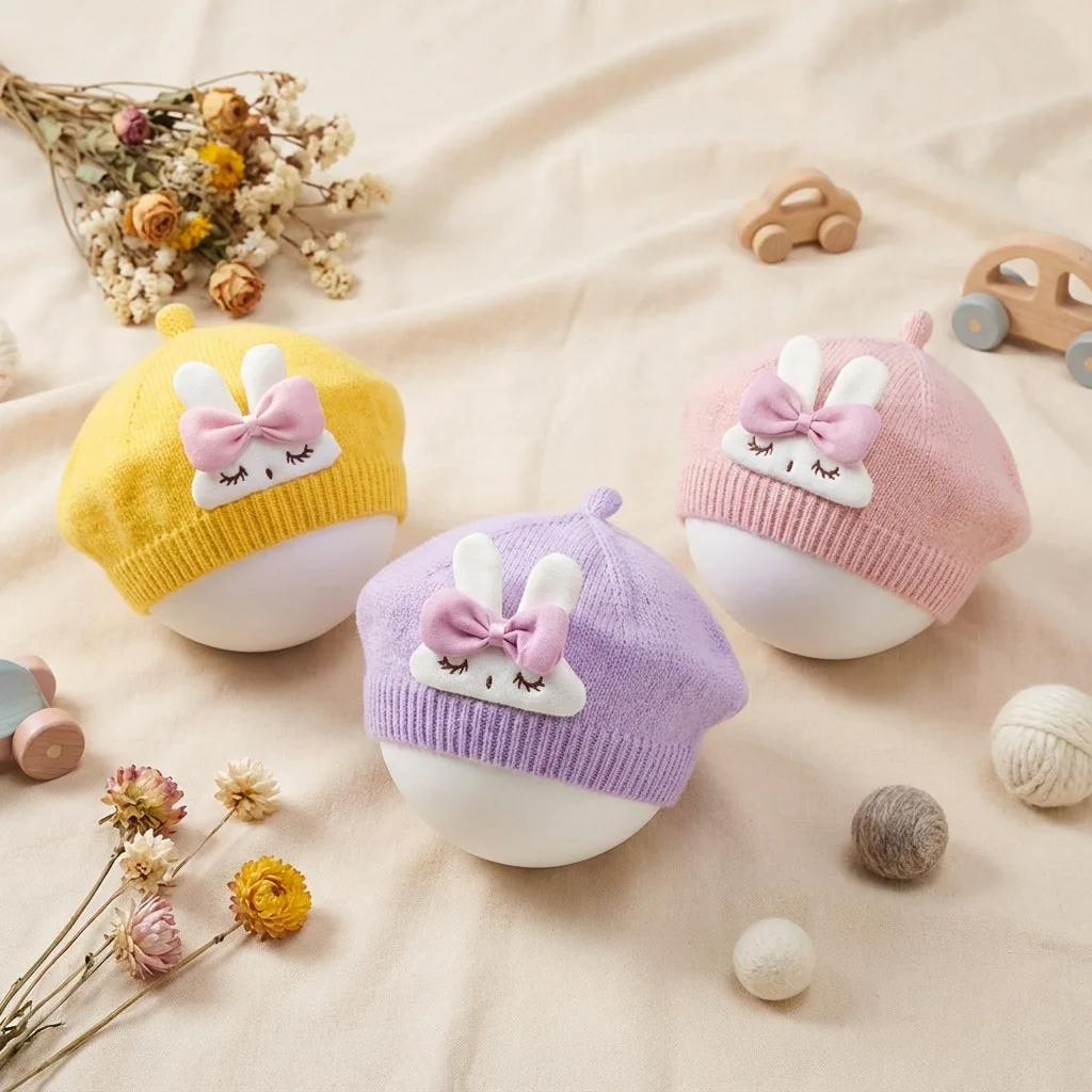 

Sweet Cartoon Rabbit Baby Beret Hats Korean Princess Girl Cap Beanies Soft Infant Toddler Artist Painter Caps