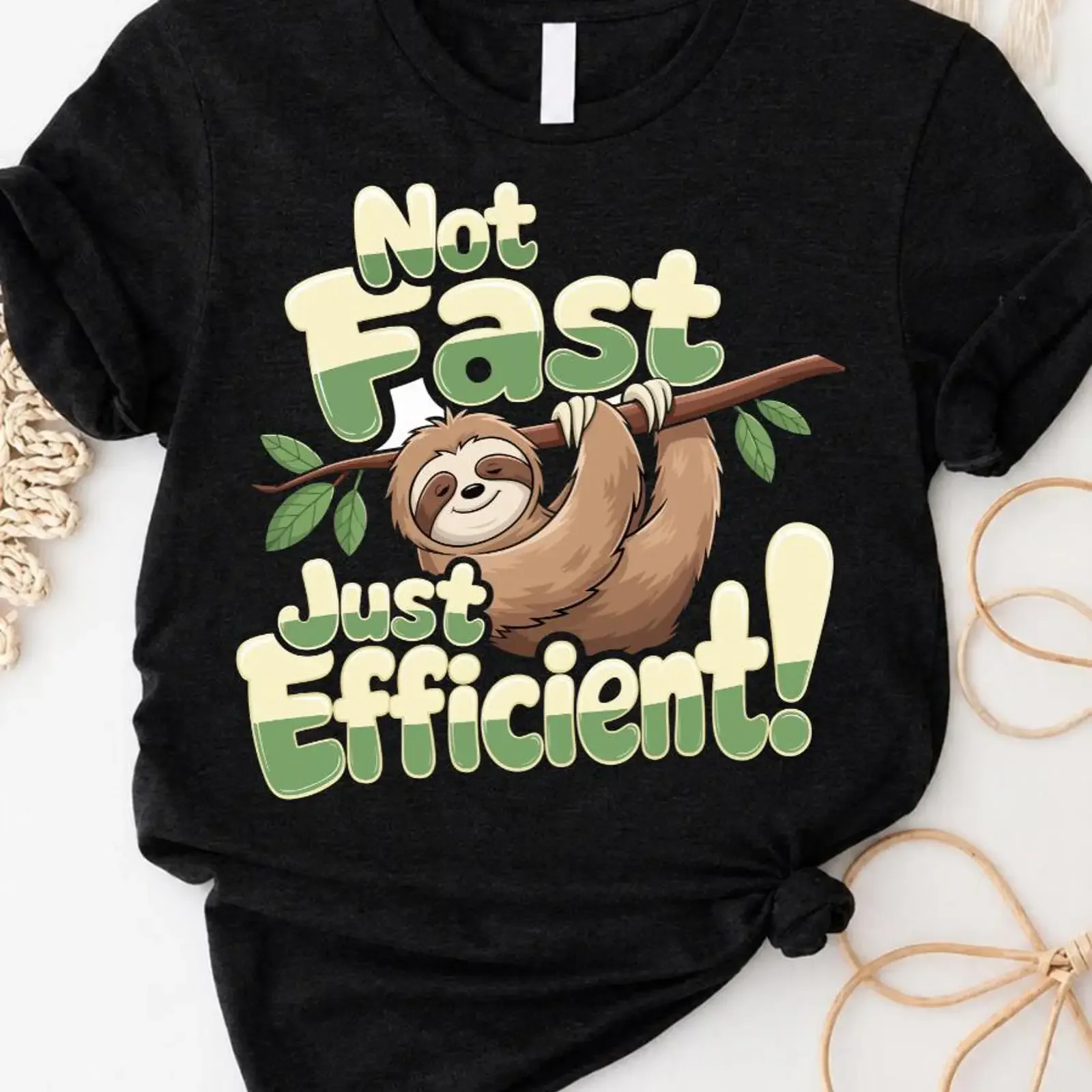 Not Fast Just Efficient sloth graphic tee illustration shirt vintage Washed Stylish Breathable Stretched Soft Slightly