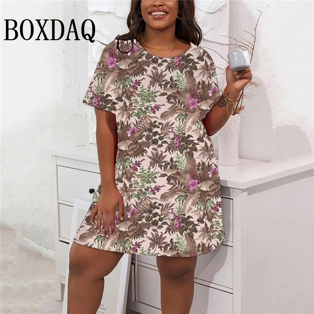 Vintage Women's Dresses Summer Plant Flower 3D Printing Women's Dress Casual Retro Round Neck Short Sleeve Plus Size Dresses 9XL