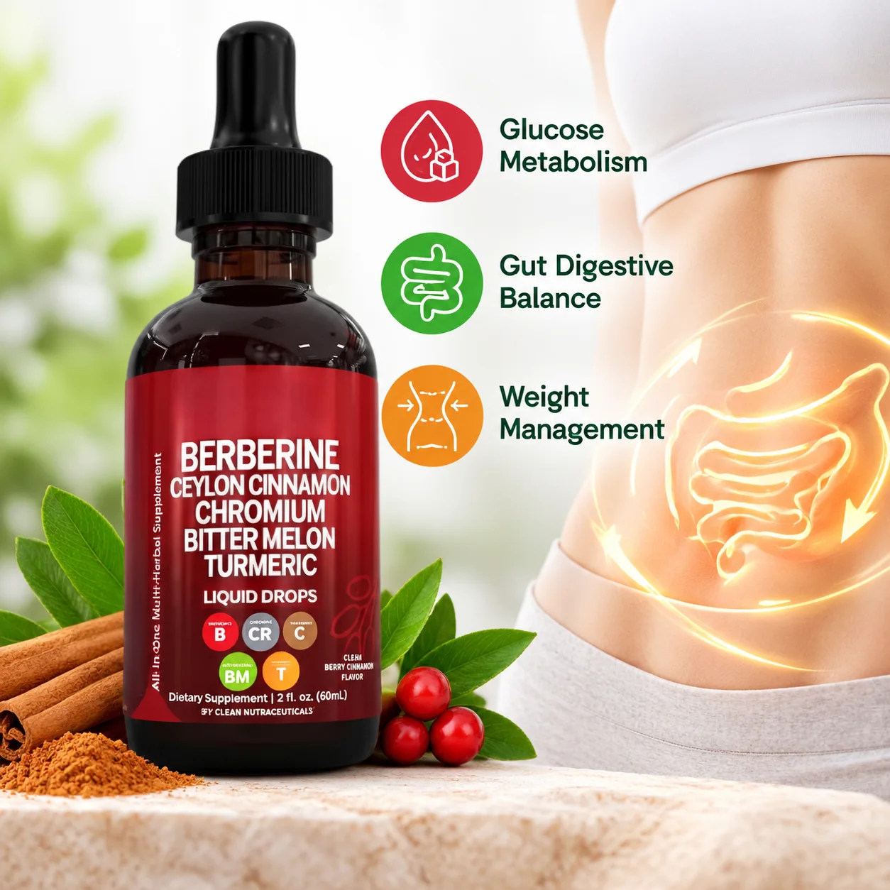 Gotas líquidas de berberina que favorecen el metabolismo de la glucosa, el equilibrio digestivo y la gestión del peso. Canela de Ceilán, 60 ml, para regular el azúcar en sangre.