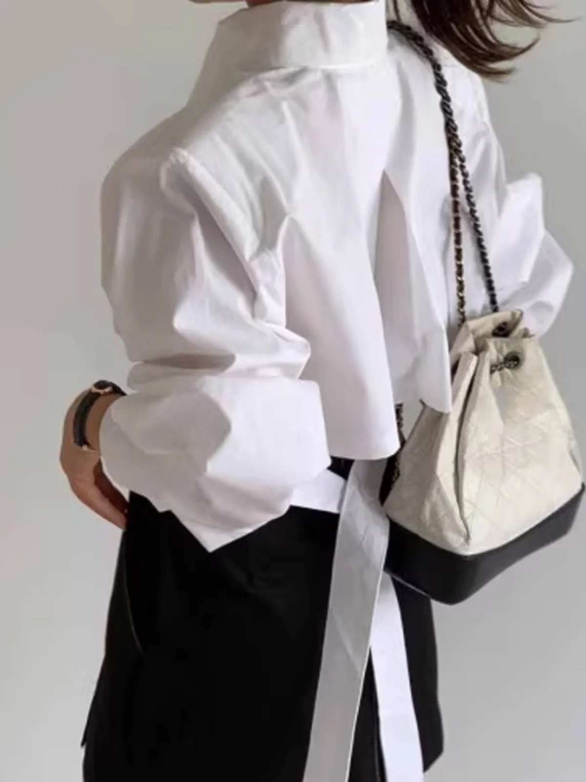 

White Slim Fit irt Women's Korean Sle Belted Bal Hollow out Tie Spring 2024 New Bubble Sve Top Collar Long S...