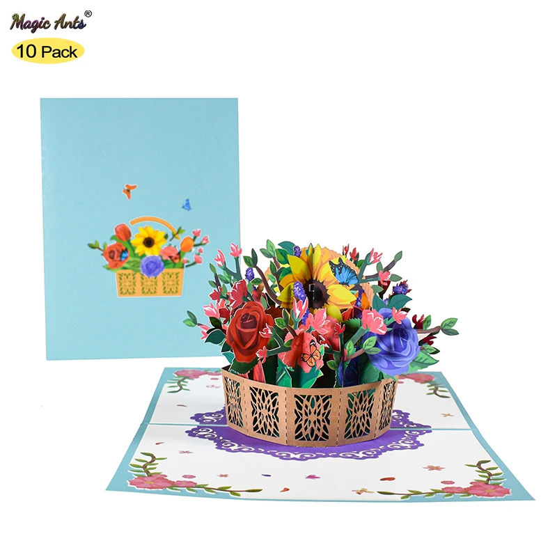 

10 Pack Flowers Basket Pop Up Card for Mothers Day Anniversary Birthday Thanksgiving 3D Greeting Cards Women Wife Mom