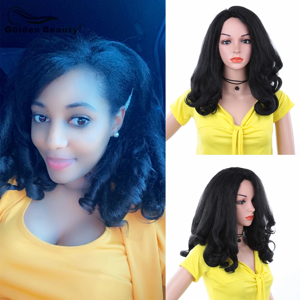 Golden Beauty 20Inch Synthetic Hair Wigs Short Wavy Wig For Black Women Heat Resistant Replacement Wig High Temperature Fiber