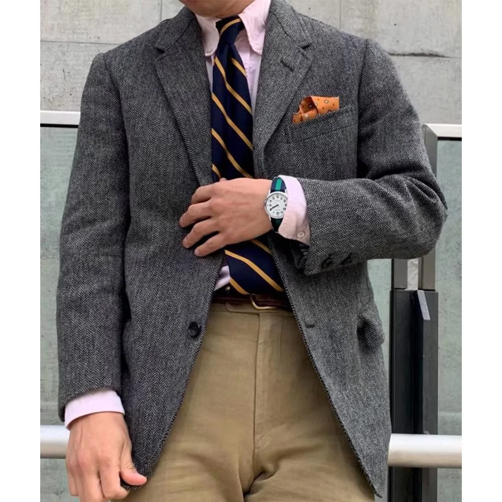 

Mens Herringbone Suit Jacket Single Breasted Large Pockets Business Blazer Casual Loose Fashion Slim Fit Comfort Elegant Mens