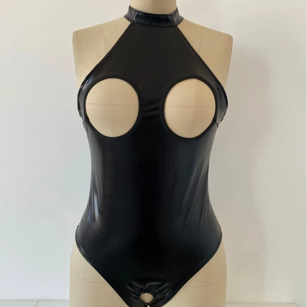 

European and American sexy temptation black patent leather women's sexy hollow onesie