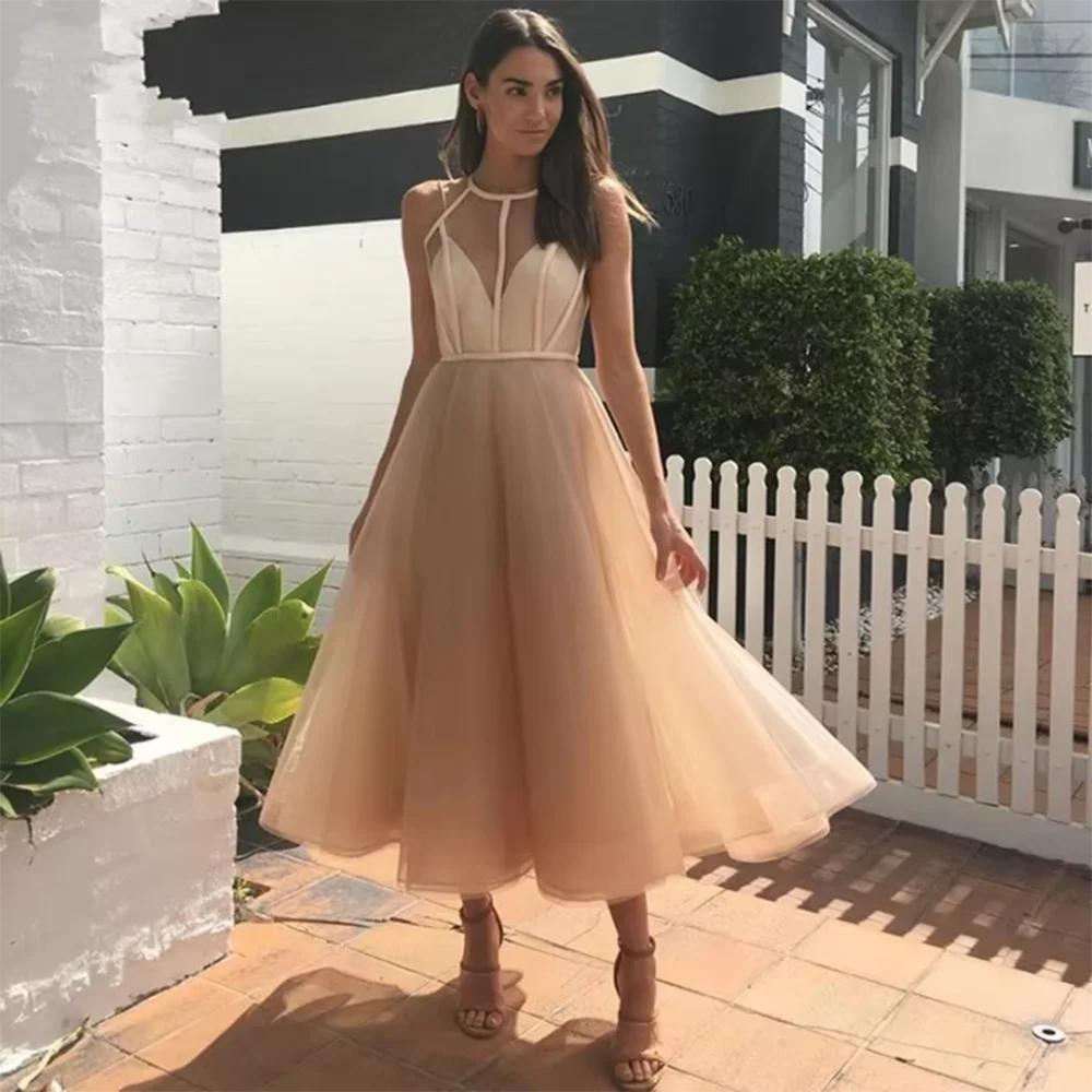 

Elegant Champagne Women Prom Dresses Halter Tea Length Sleeveless Cut out Sexy Sweet Women Banquet Evening Party Ball Gowns