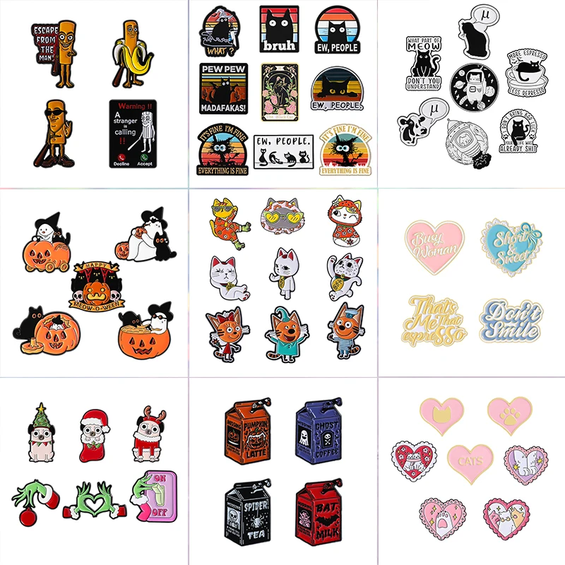 

2-9PCS/SET Comedy Anime Movies Character Brooch Enamel Pins Cute Lucky Cat Christmas Mode On Off Dog Brooch Badge Jewelry Gift