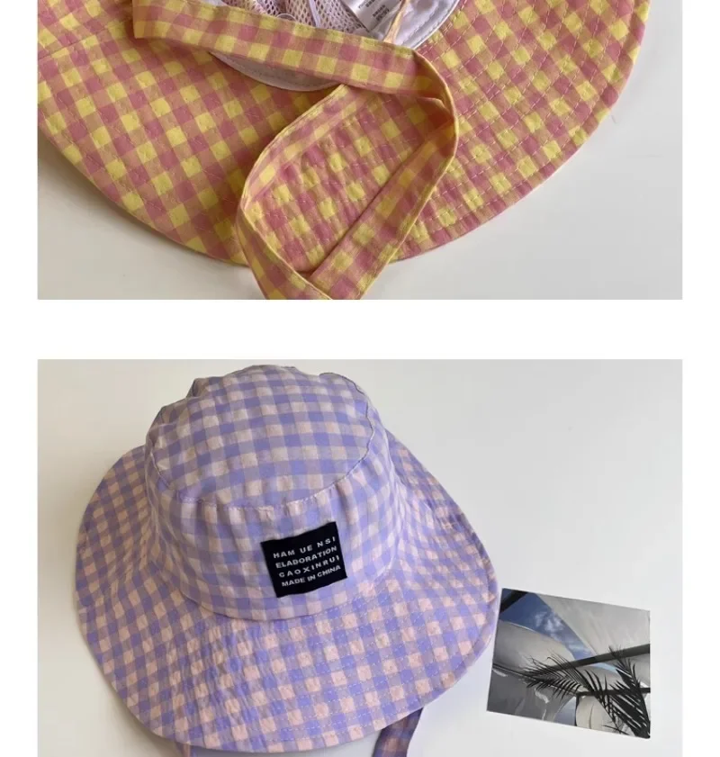 Ins Blogger Retro Plaid Tie Strap Eimer Hut Frauen Sommer Reise Vielseitig Fischer Hut Mädchen Mode Beliebte Breite Krempe Sonne Kappe – Detail 17