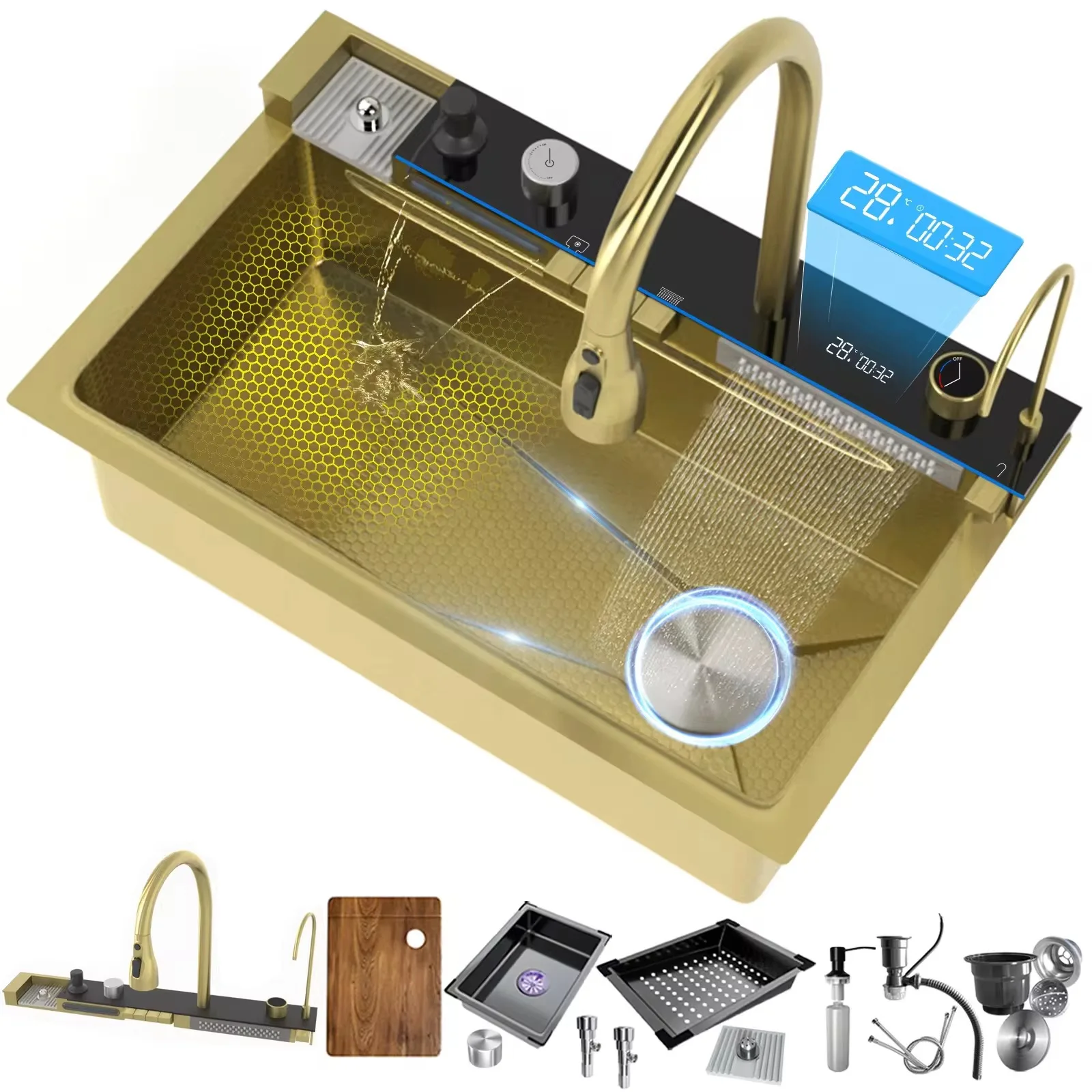 モダンなステンレス製キッチンシンク、蛇口付き、ナノ研磨仕上げの長方形シングルボウル、ウォーターフォールデザイン