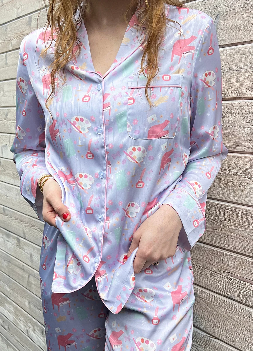 Women s 2 Piece Lounge Set with Long Sleeve Button Up Top and Pattern Print Pants for Cozy Sleepwear Sets