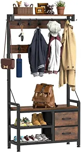 Hall Tree, 31.5” Entryway Bench with Coat Rack freestanding, 5 in 1 Intelligent Design Shoe Bench and Wall Rack 17