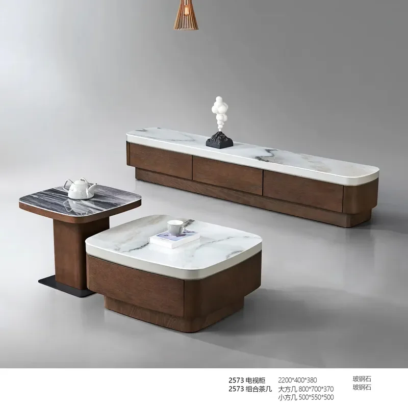High Quality Modern Glass Fiber Stone Wooden Tv Stand and Coffee Table Set for Living Room
