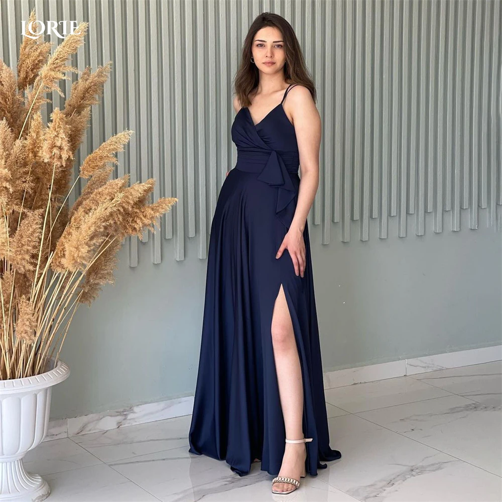 

LORIE Pleats Satin Formal Evening Dresses Ruched Ribbons Spaghetti Staps Dubai Celebrity Gowns Side Slit Saudi Arabia Party Gown