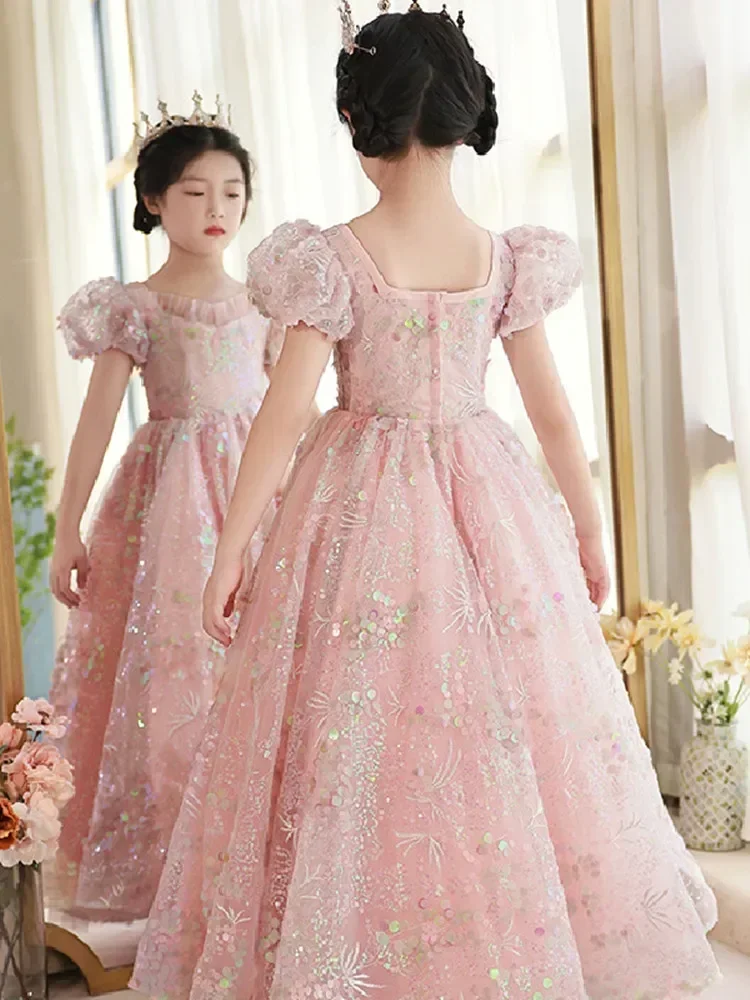 Baby Girls Sequined Long Dress Young Girls Puff Sleeves Pink Ball Gowns Children Princess Birthday Pageant Graduation Party Wear